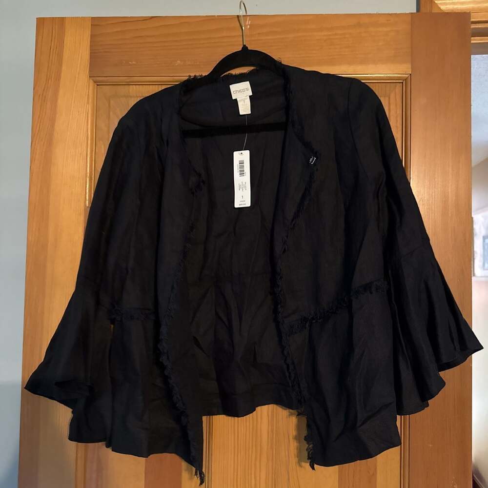 Chico's Black 3/4 Bell-Sleeve Linen Fringe‎ Trim Jacket
